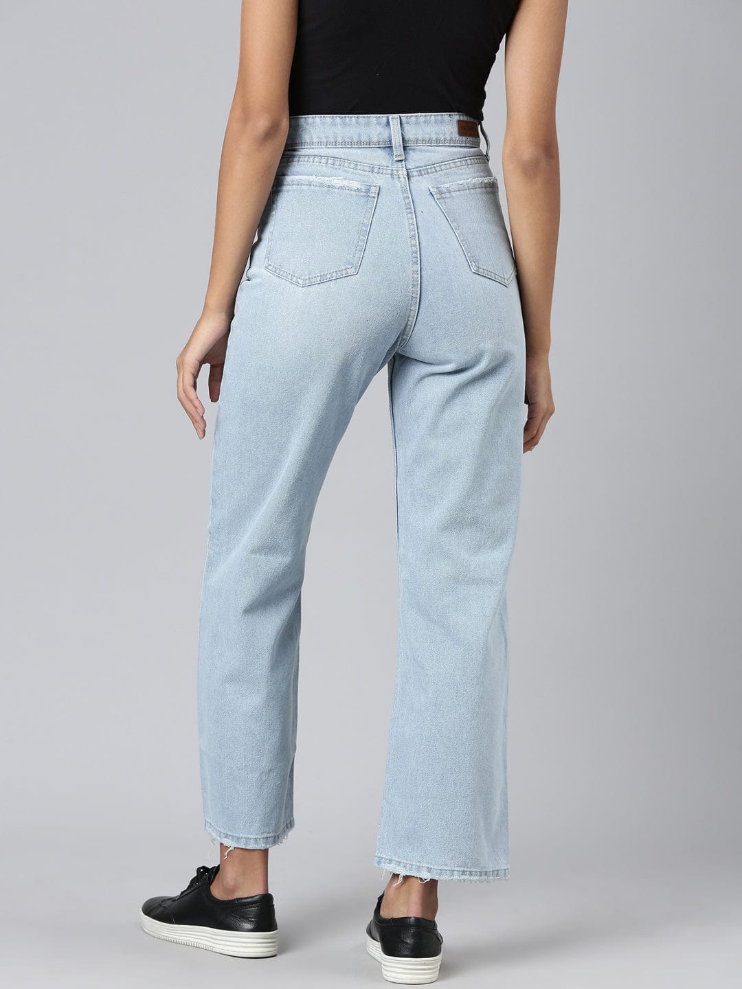 Women's Blue Mid Rise Wide Leg Clean Look Retro Denims Stretchable Jeans