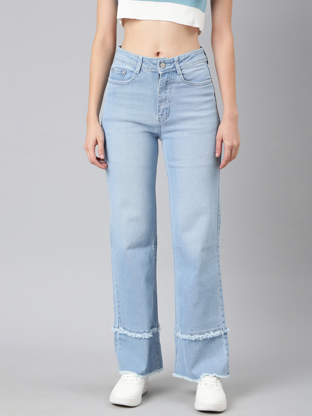 Women's Blue Straight Fit Light Fade Frayed Jeans