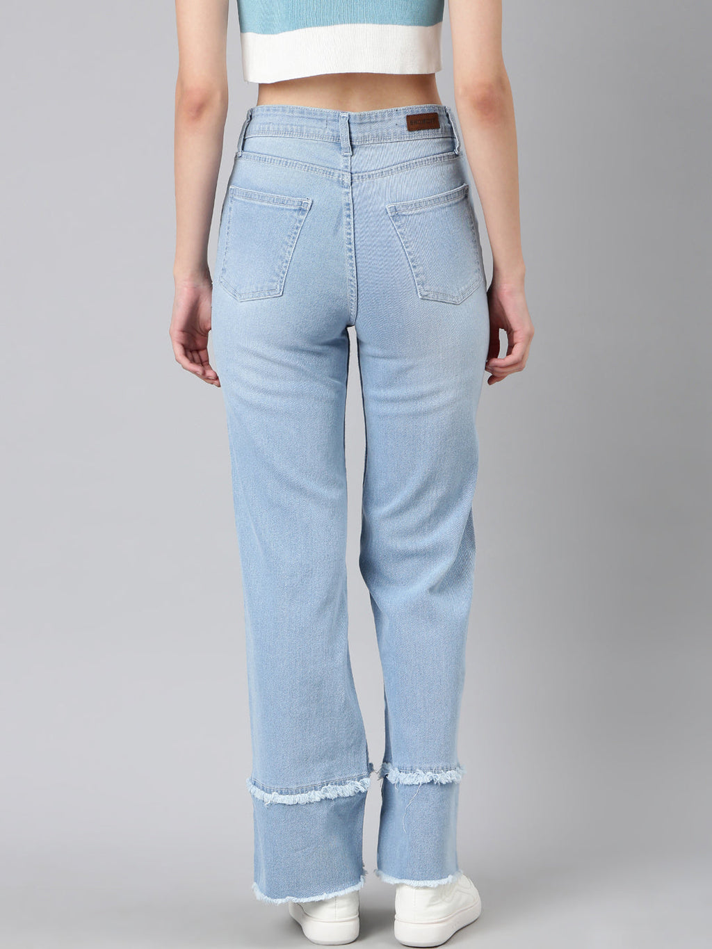 Women's Blue Straight Fit Light Fade Frayed Jeans