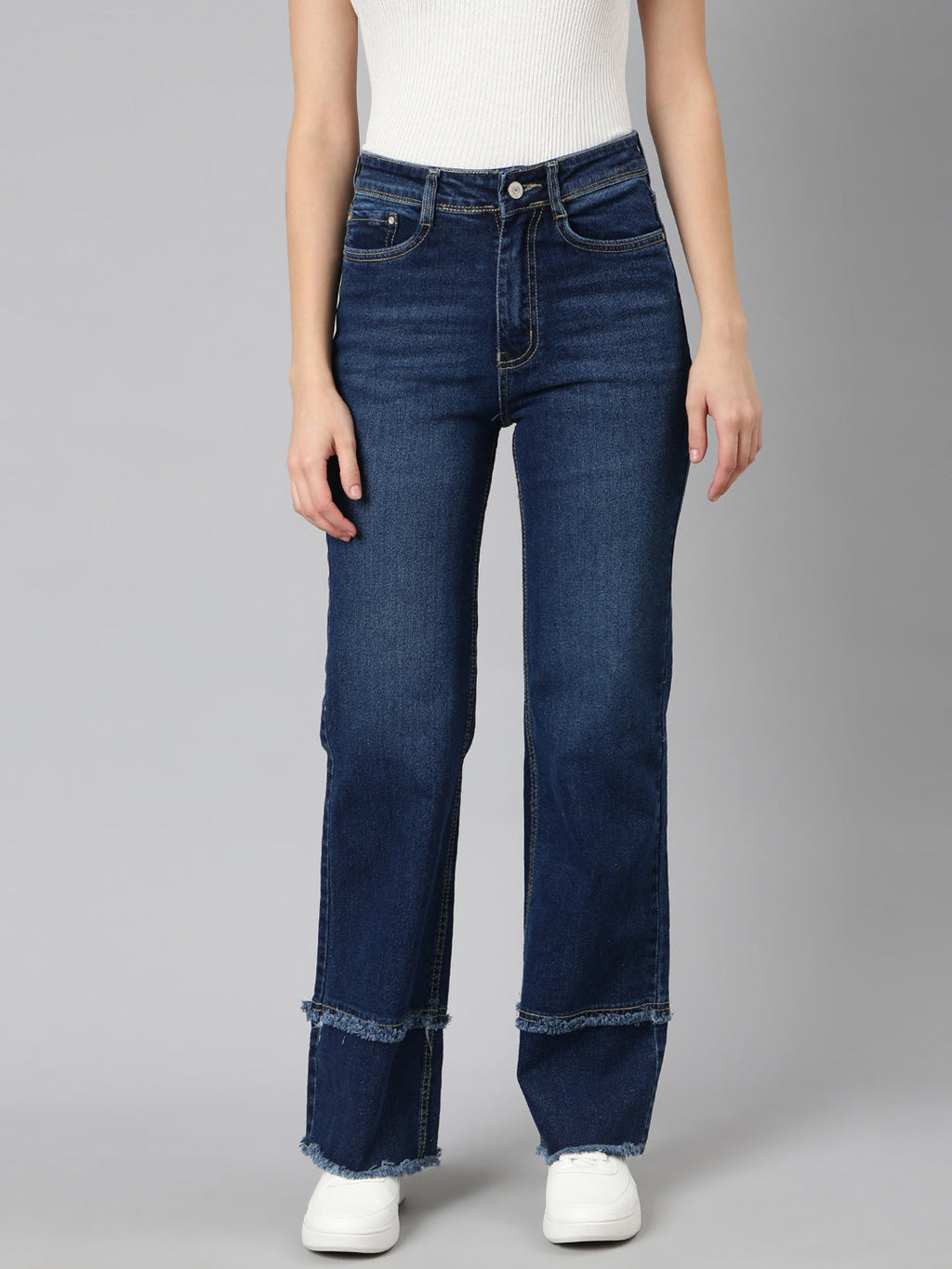 Women's Navy Blue Straight Fit Light Fade Acid Wash Denim Stretchable Jeans