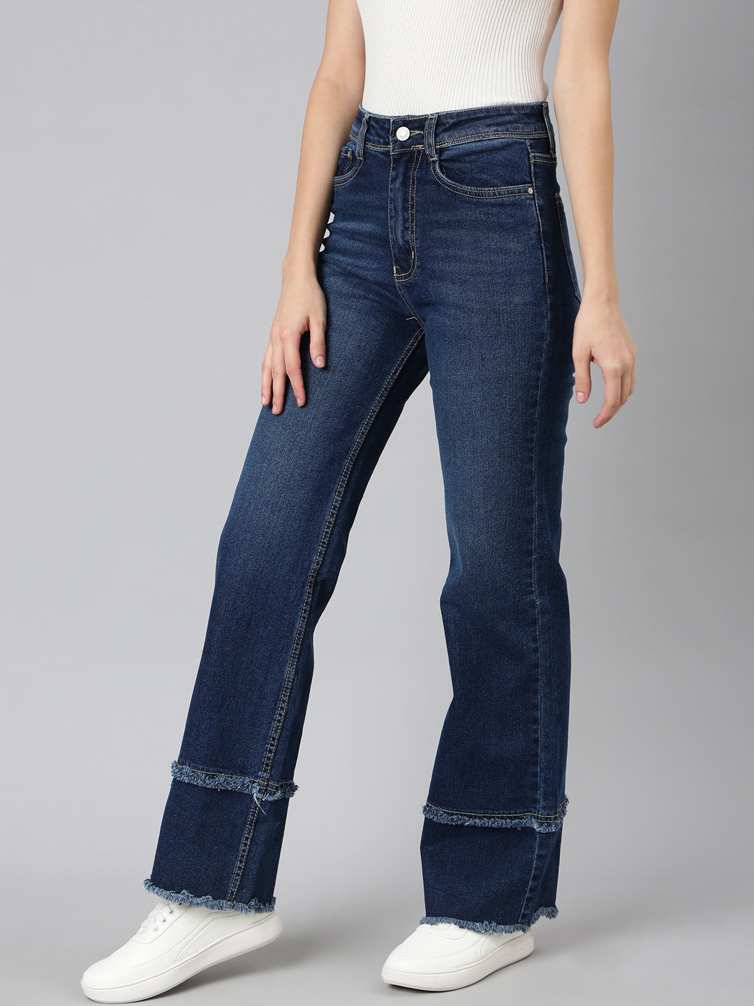 Women's Navy Blue Straight Fit Light Fade Acid Wash Denim Stretchable Jeans