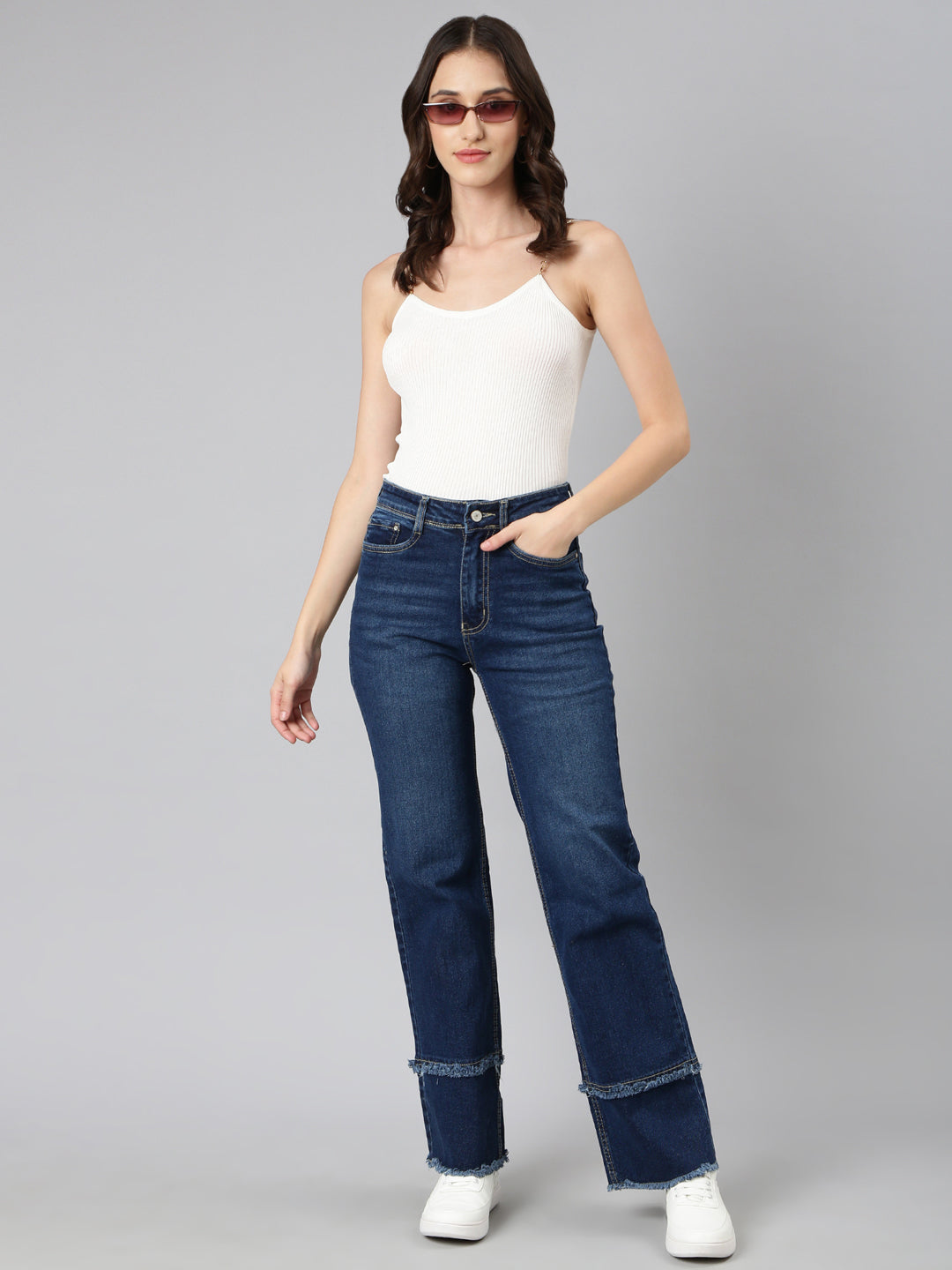 Women's Navy Blue Straight Fit Light Fade Acid Wash Denim Stretchable Jeans