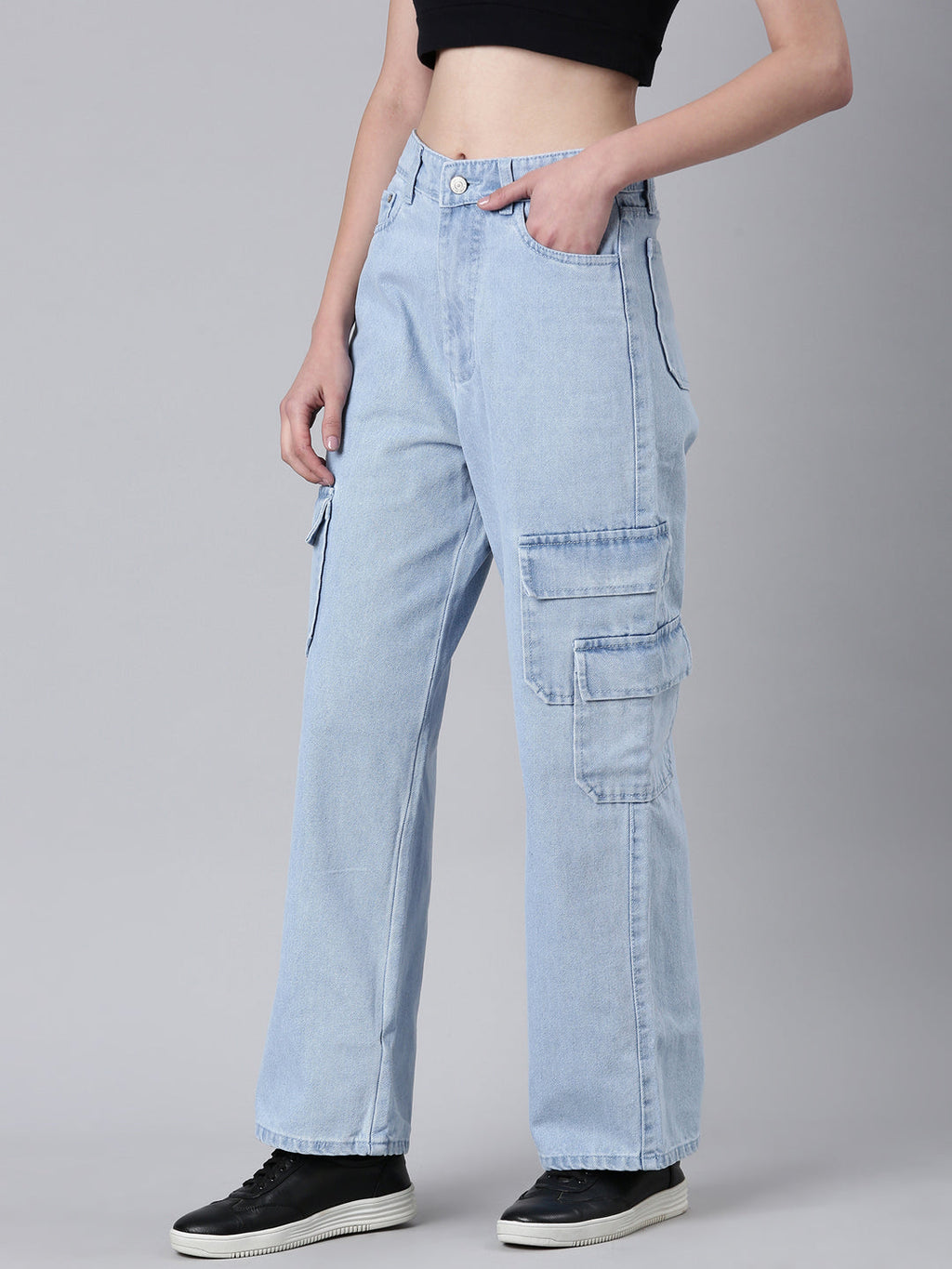 Women's Blue Wide Leg Denim Cargo Jeans