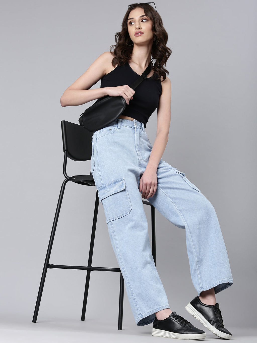 Women's Blue Wide Leg Denim Cargo Jeans