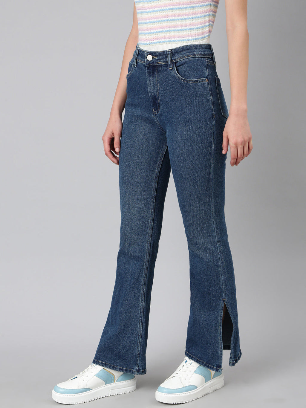 Women's Navy Blue Bootcut Fit Acid Wash Stretchable Denim Jeans