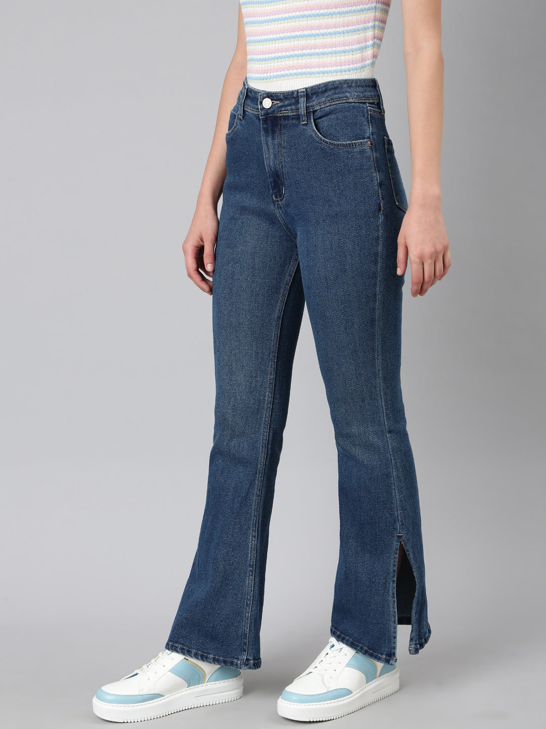 Women's Navy Blue Bootcut Fit Acid Wash Stretchable Denim Jeans