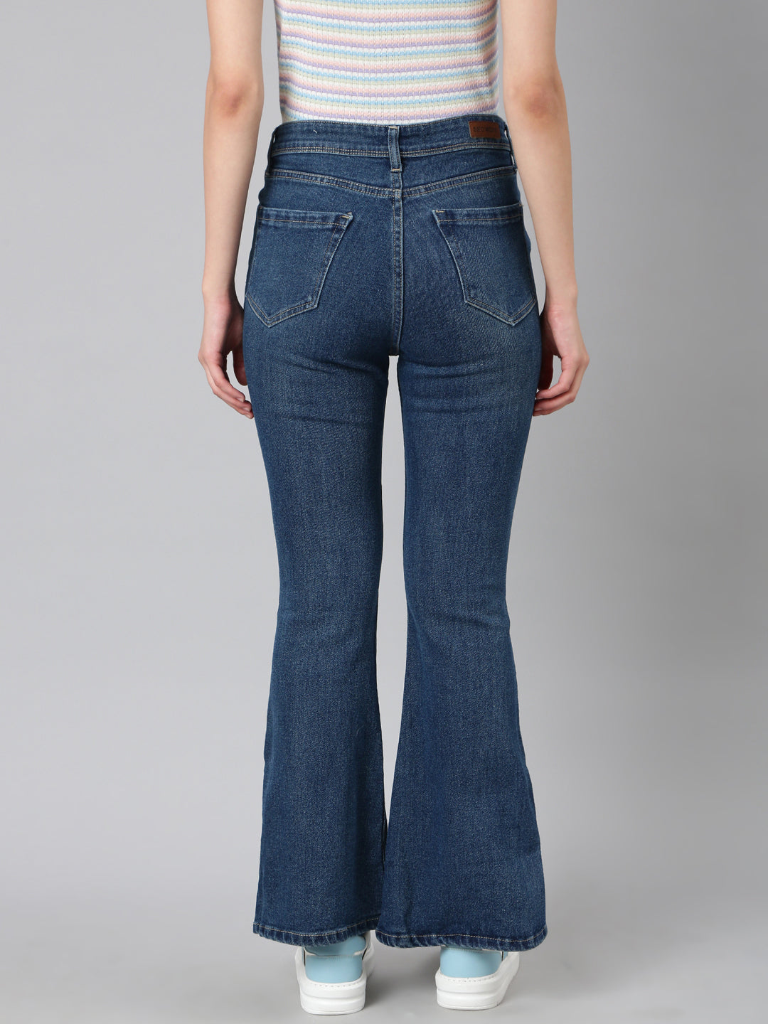 Women's Navy Blue Bootcut Fit Acid Wash Stretchable Denim Jeans