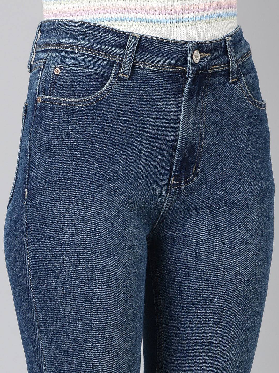 Women's Navy Blue Bootcut Fit Acid Wash Stretchable Denim Jeans