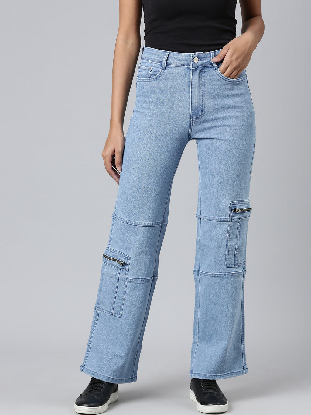 Women's Blue Straight Fit Light Fade Cargo Denim Jeans