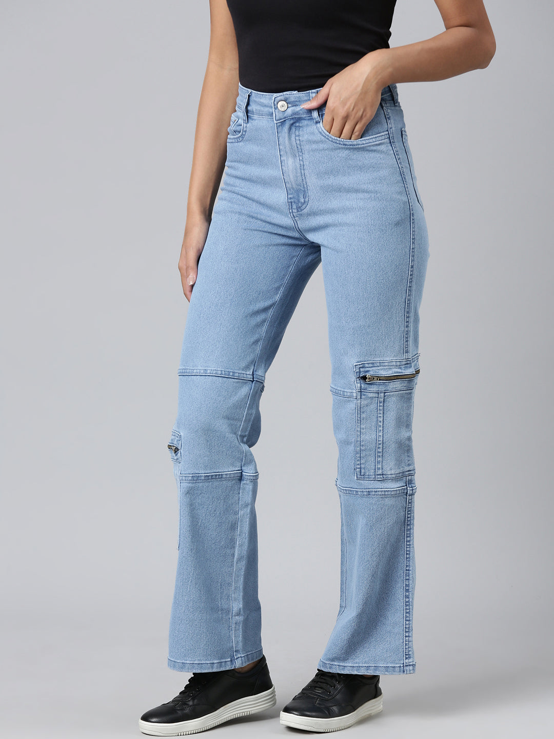 Women's Blue Straight Fit Light Fade Cargo Denim Jeans