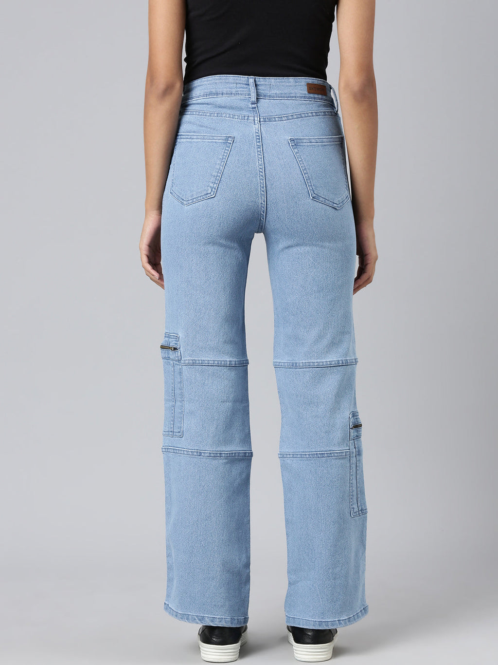Women's Blue Straight Fit Light Fade Cargo Denim Jeans