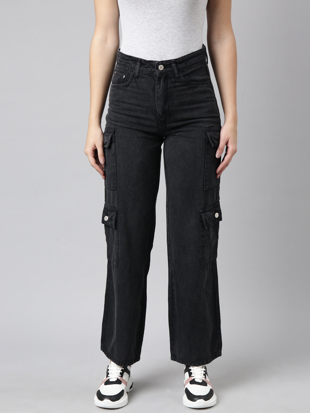 Women's Charcoal Straight Fit Denim Cargo Jeans