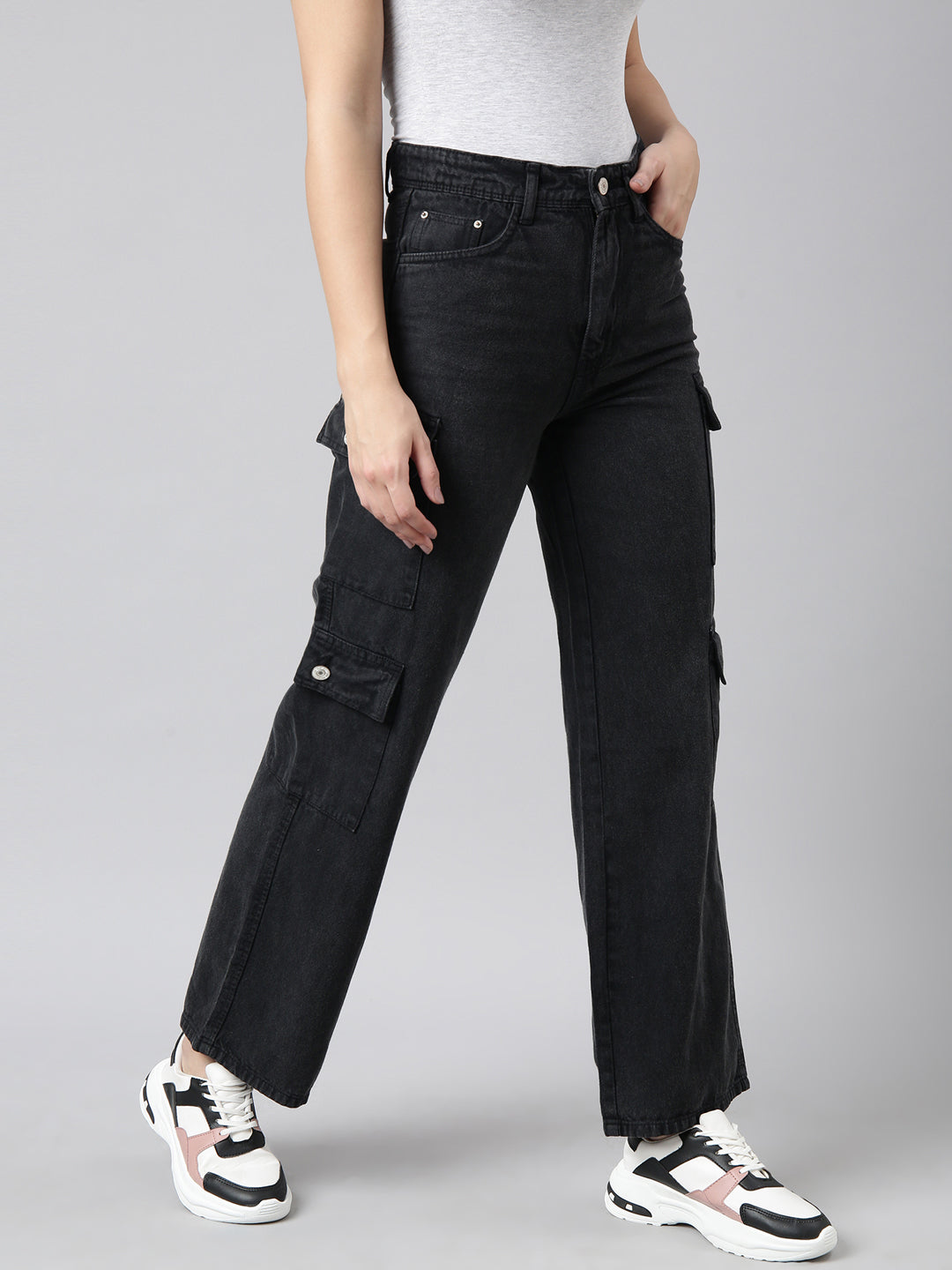 Women's Charcoal Straight Fit Denim Cargo Jeans