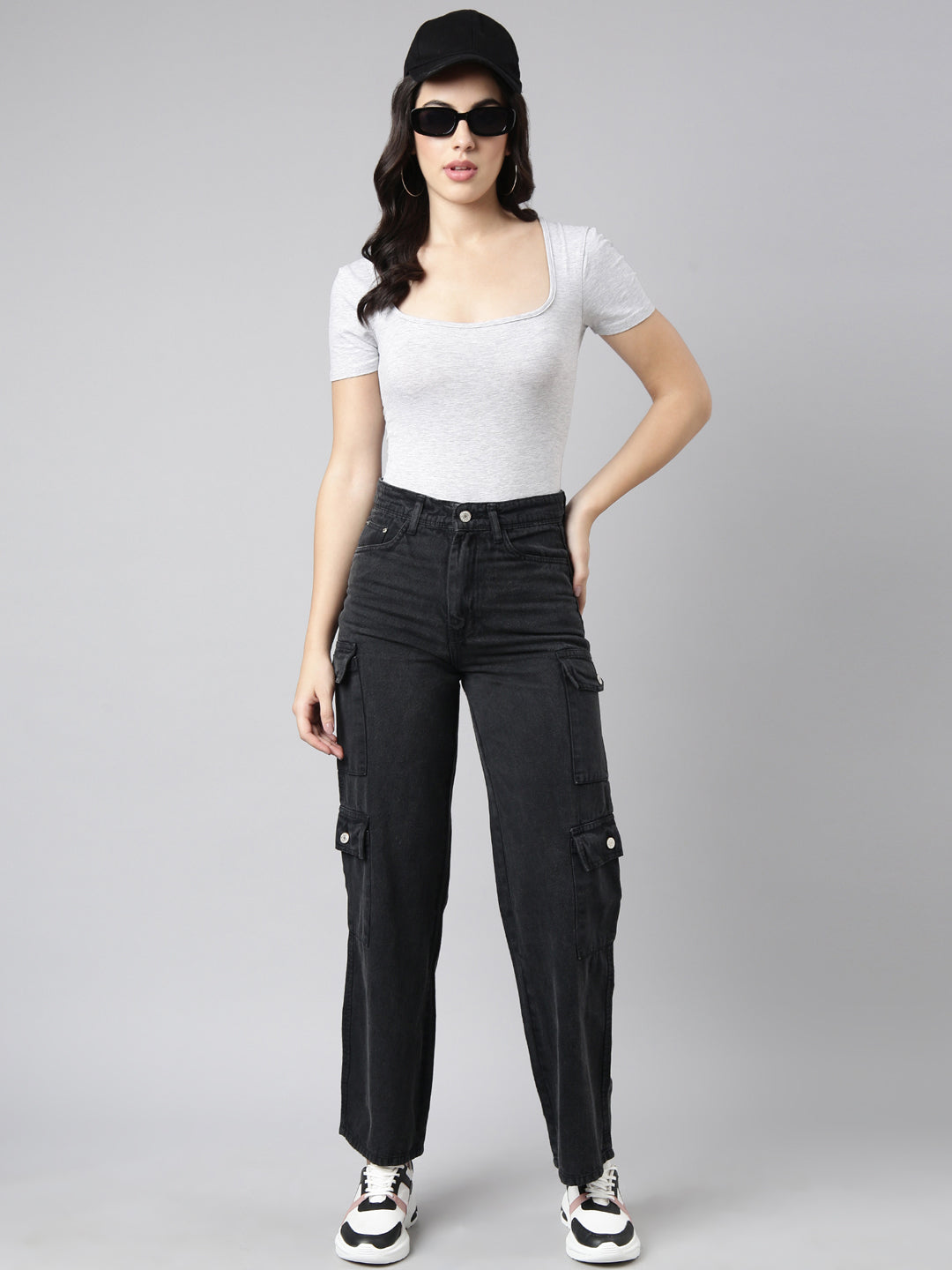 Women's Charcoal Straight Fit Denim Cargo Jeans