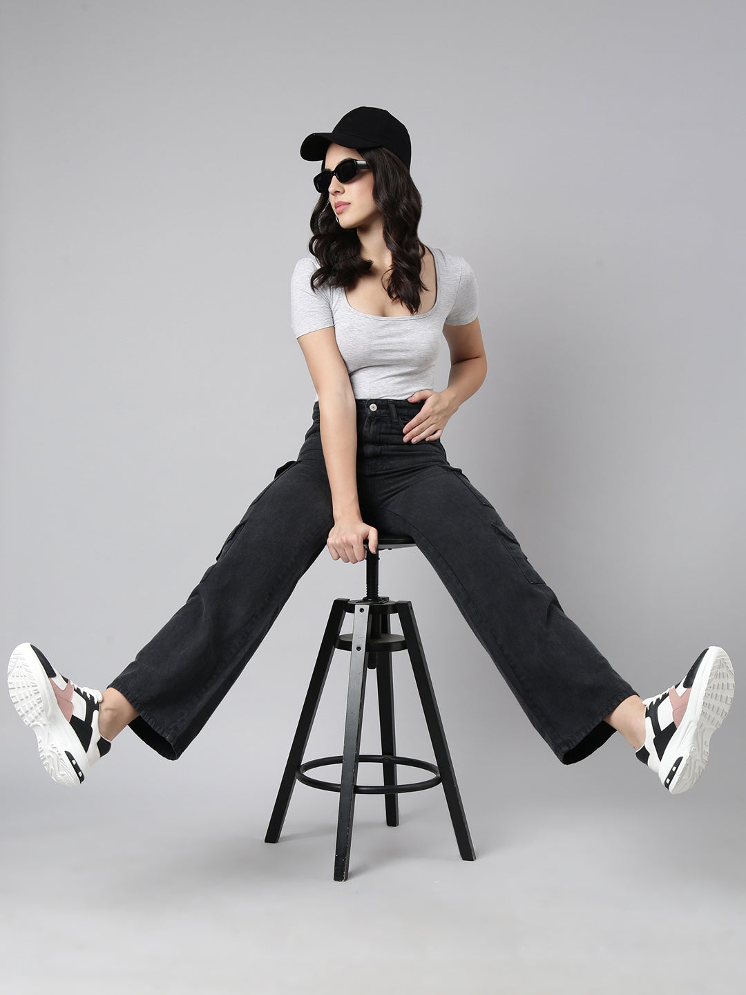 Women's Charcoal Straight Fit Denim Cargo Jeans