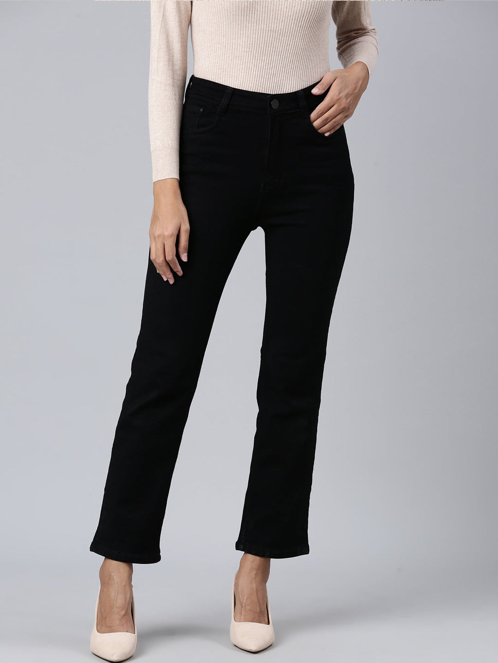 Women's Black Straight Fit Acid Wash Stretchable Denim Jeans