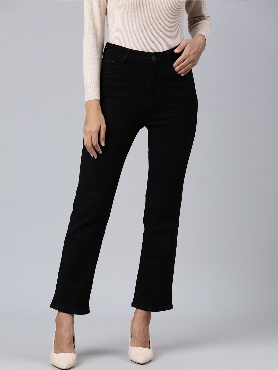 Women's Black Straight Fit Acid Wash Stretchable Denim Jeans