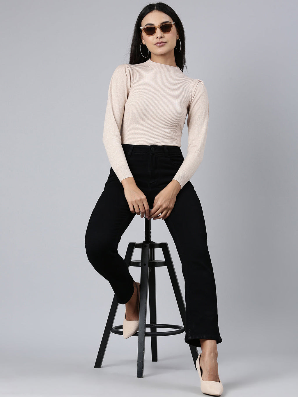 Women's Black Straight Fit Acid Wash Stretchable Denim Jeans