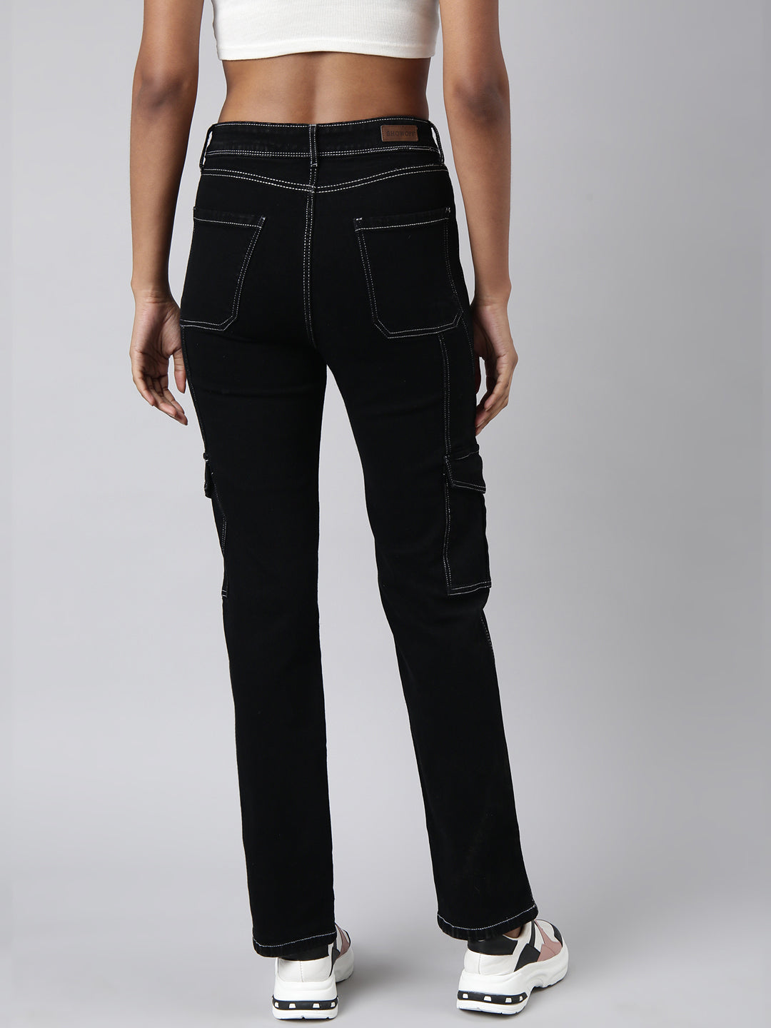Women's Black Straight Fit Cargo Jeans