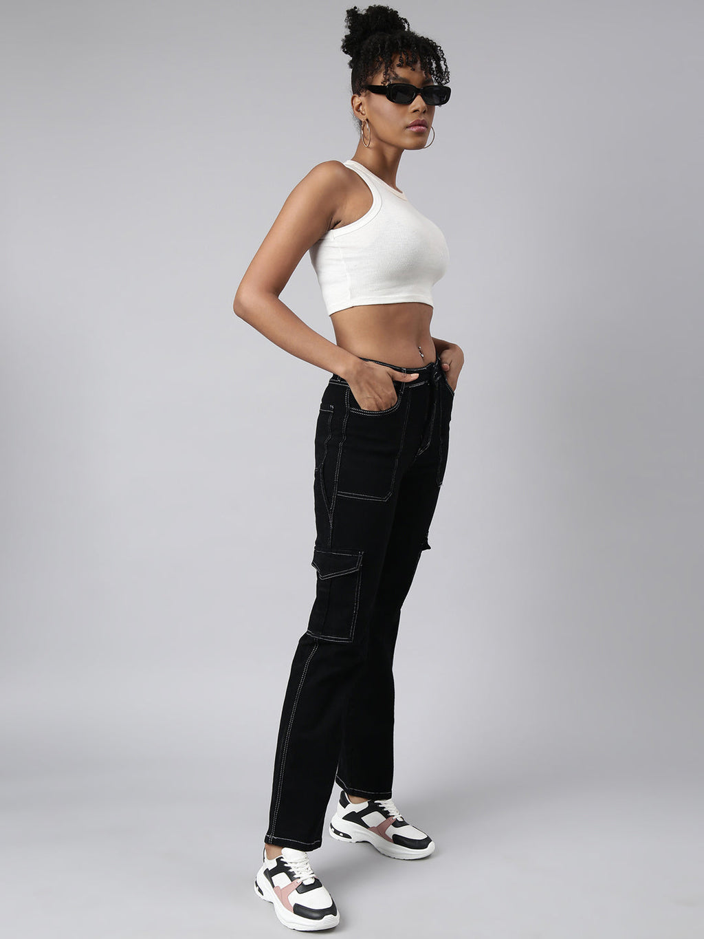 Women's Black Straight Fit Cargo Jeans