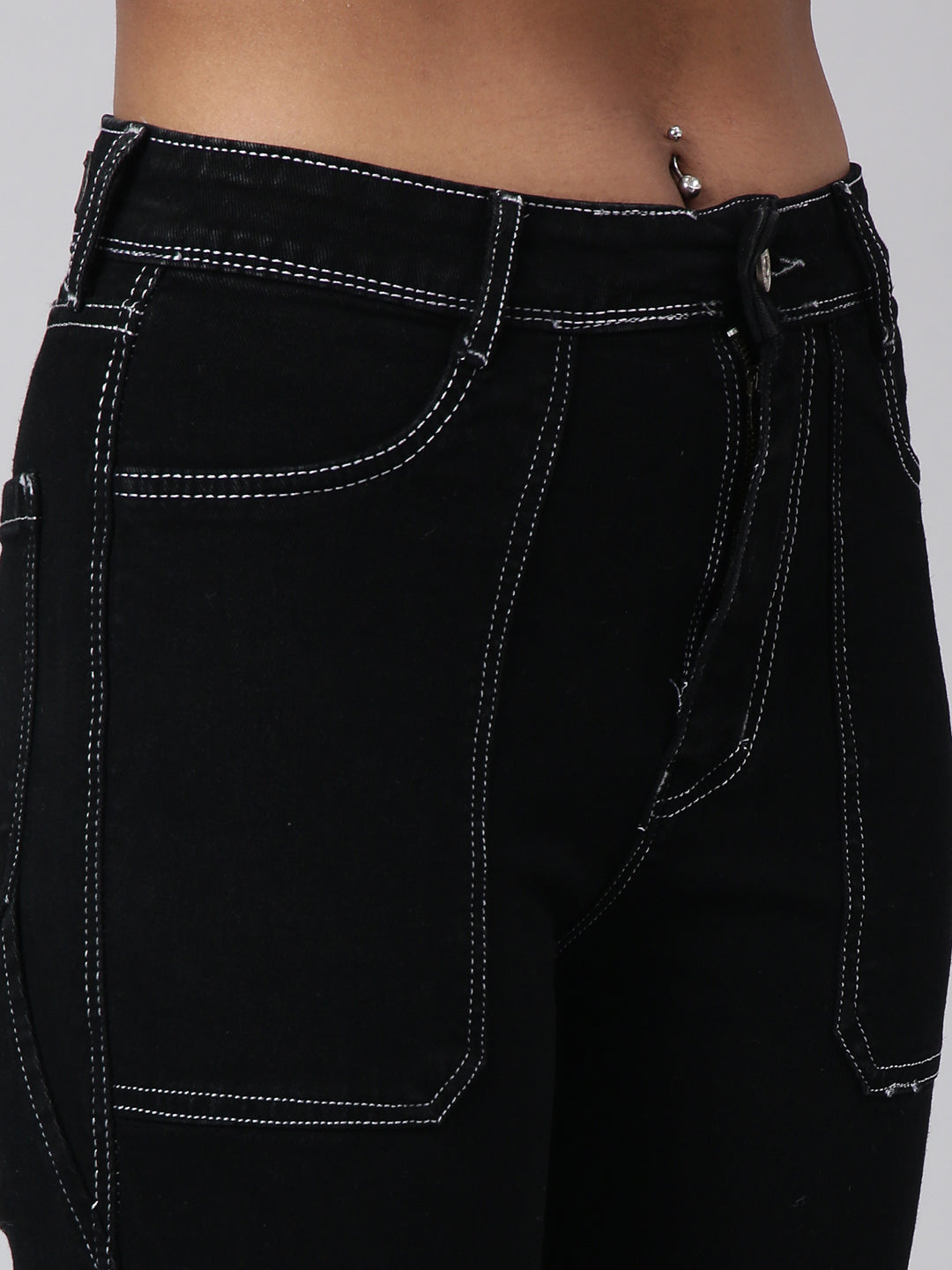 Women's Black Straight Fit Cargo Jeans