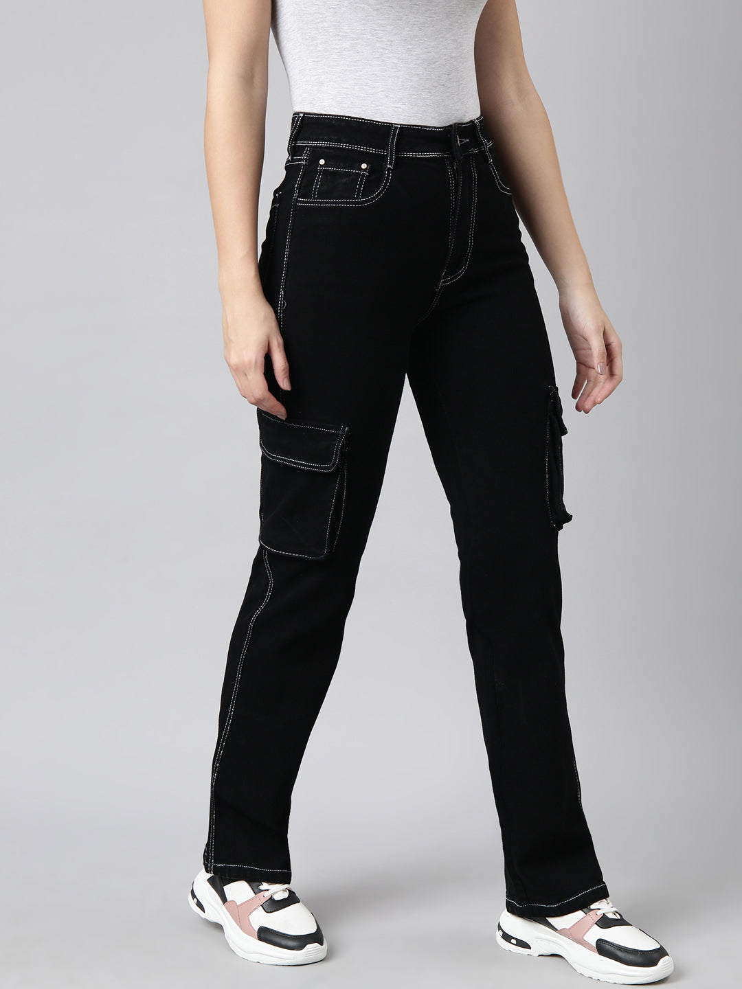 Women's Black Straight Fit Stretchable Cargo Jeans