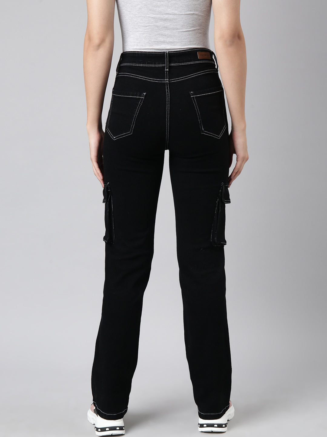Women's Black Straight Fit Stretchable Cargo Jeans