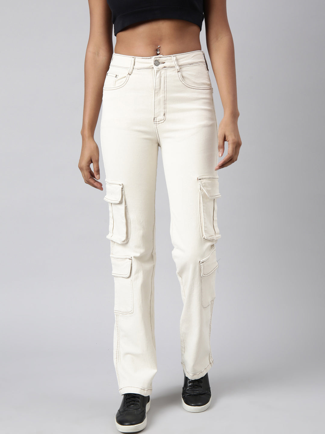 Women's Cream Straight Fit Cargo Jeans