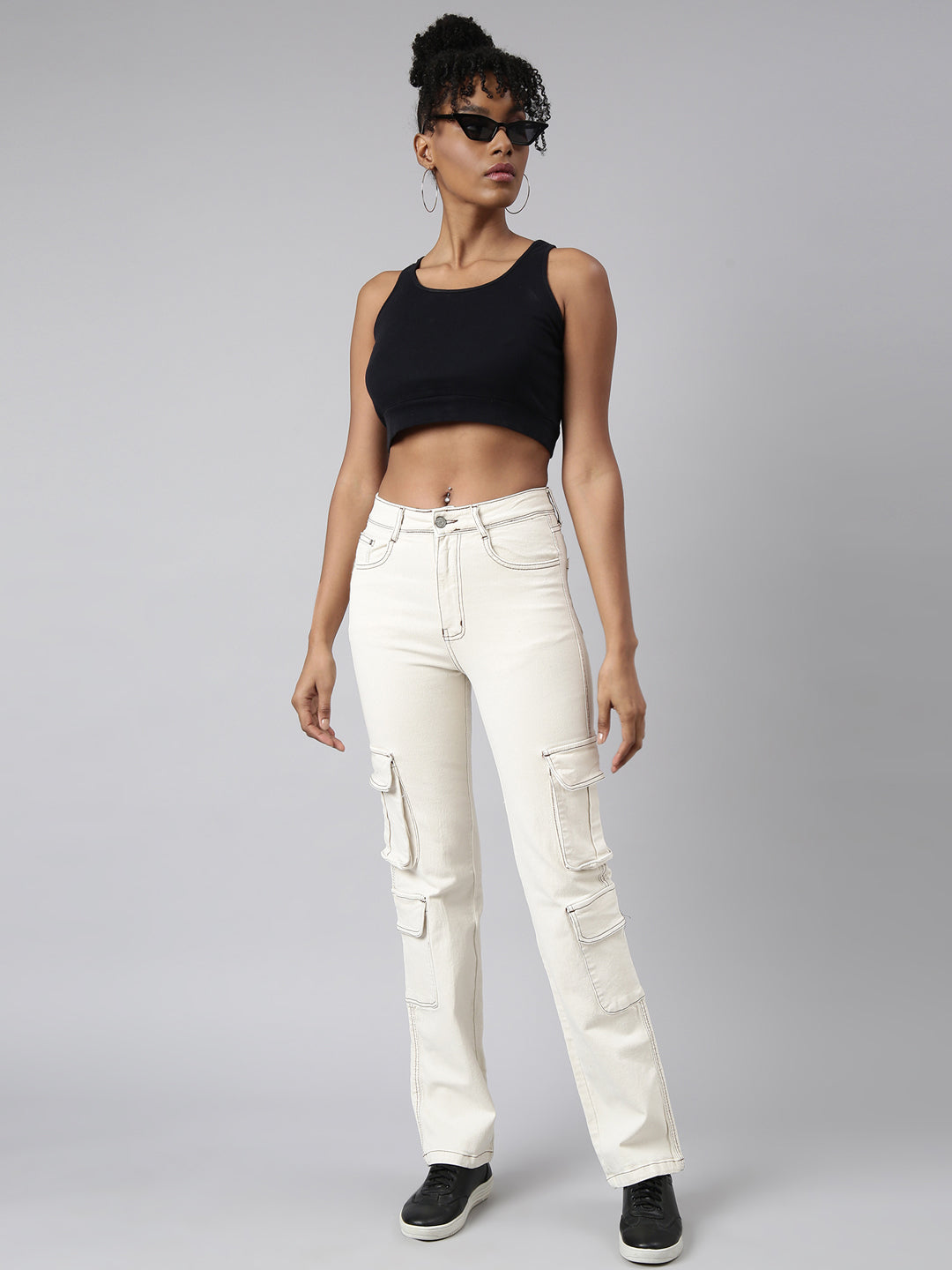 Women's Cream Straight Fit Cargo Jeans