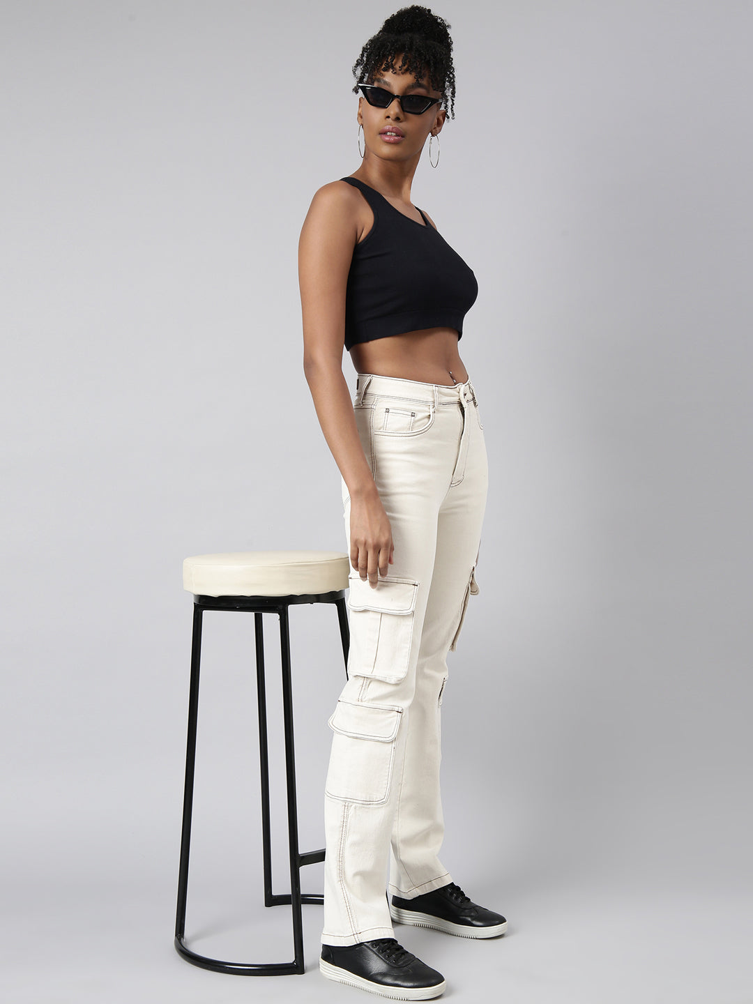 Women's Cream Straight Fit Cargo Jeans