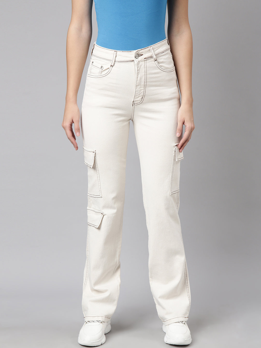 Women's Cream Straight Fit Stretchable Cargo Jeans