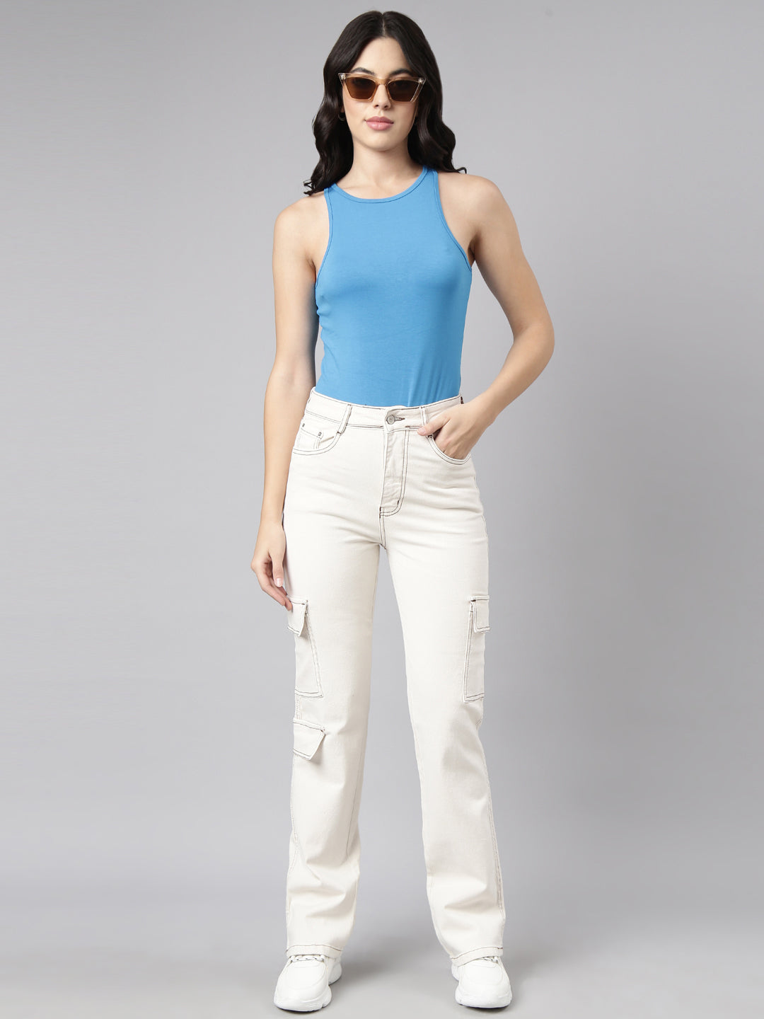 Women's Cream Straight Fit Stretchable Cargo Jeans