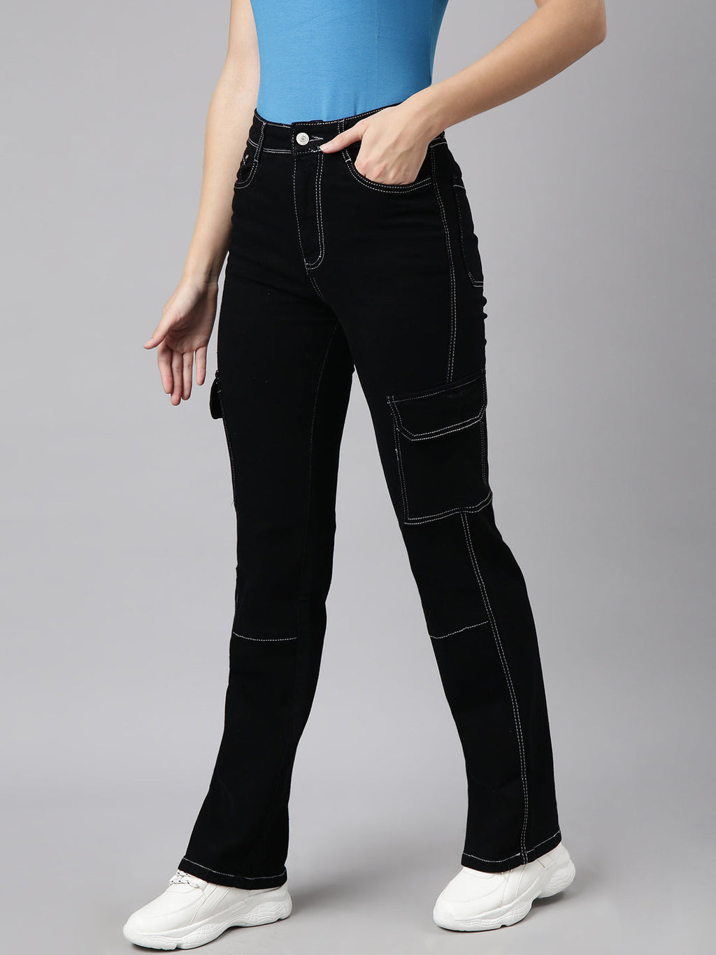 Women's Black Straight Fit Stretchable Cargo Jeans