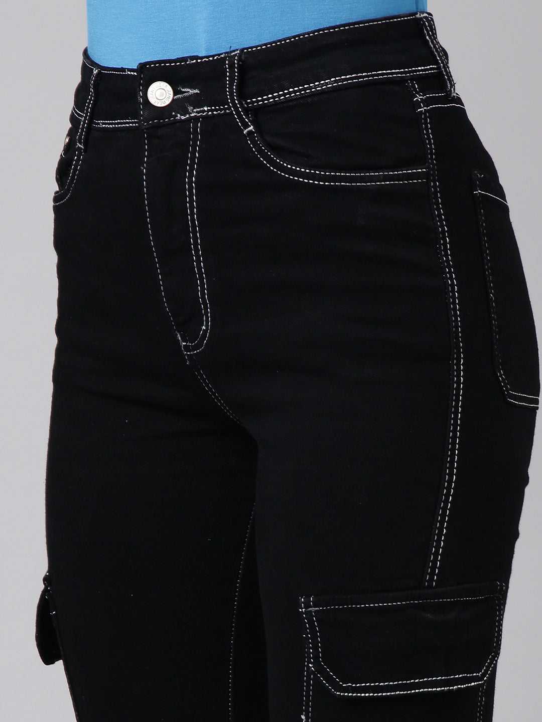Women's Black Straight Fit Stretchable Cargo Jeans