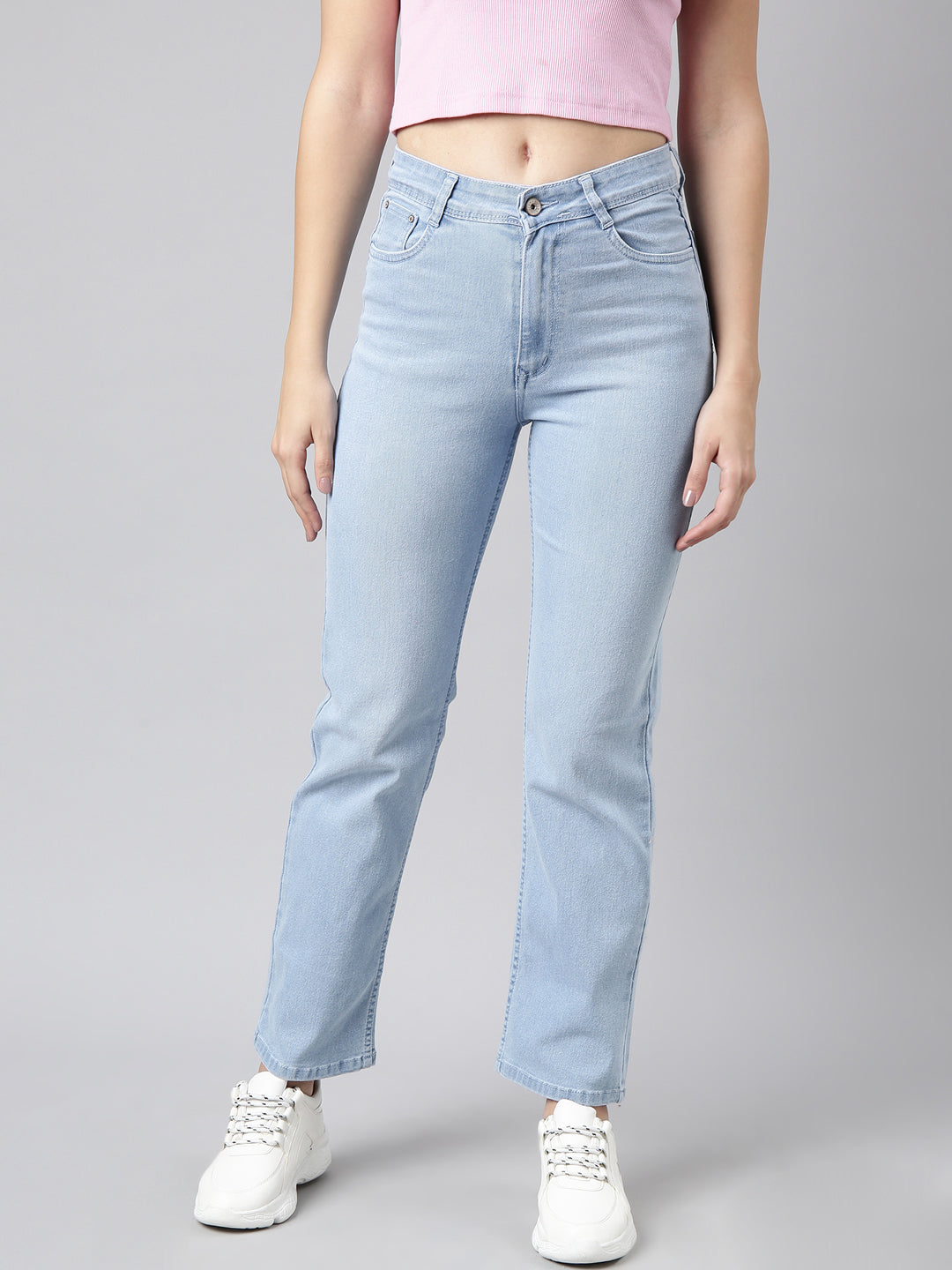 Women's Blue Straight Fit Mid-Rise Light Fade Stretchable Jeans