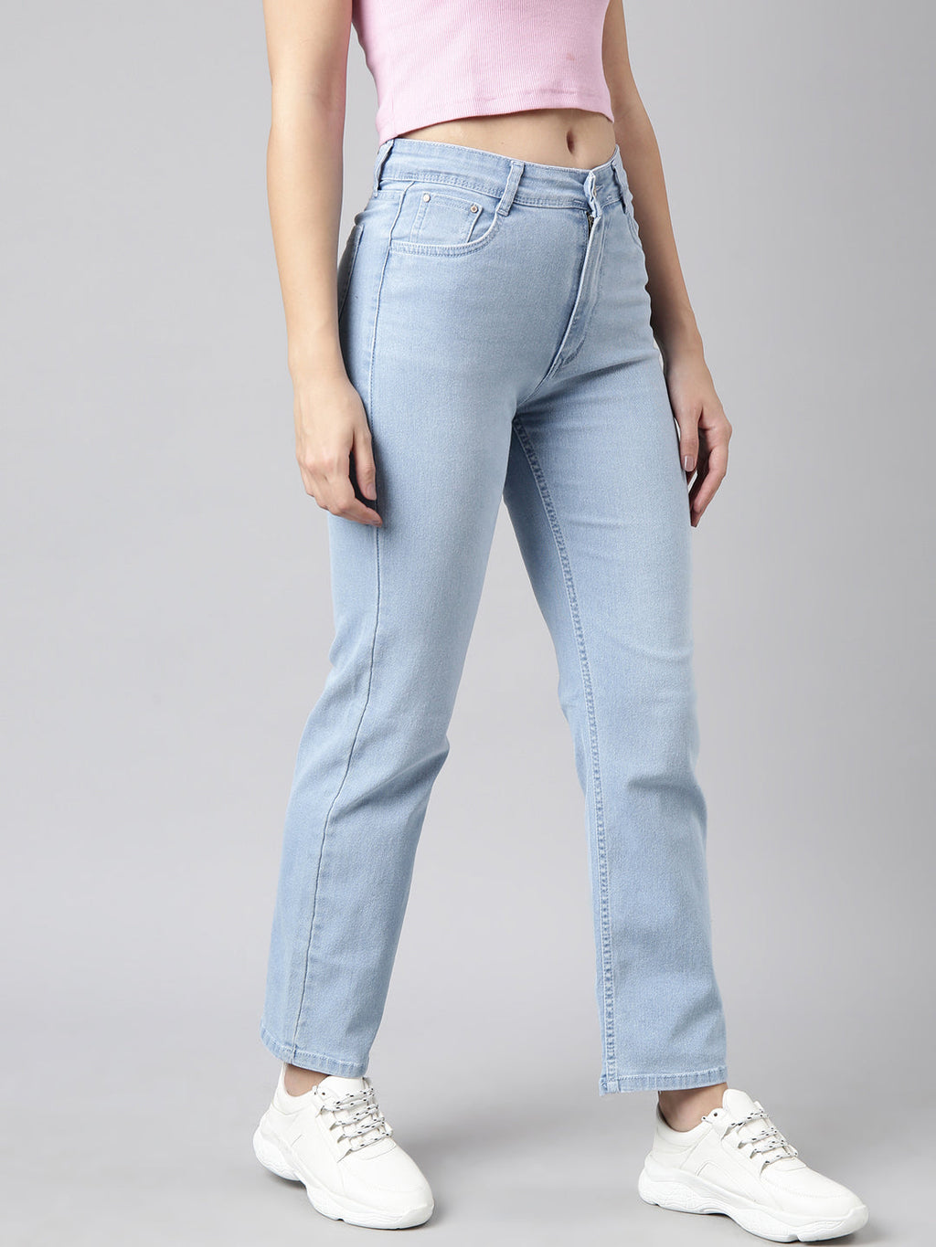 Women's Blue Straight Fit Mid-Rise Light Fade Stretchable Jeans