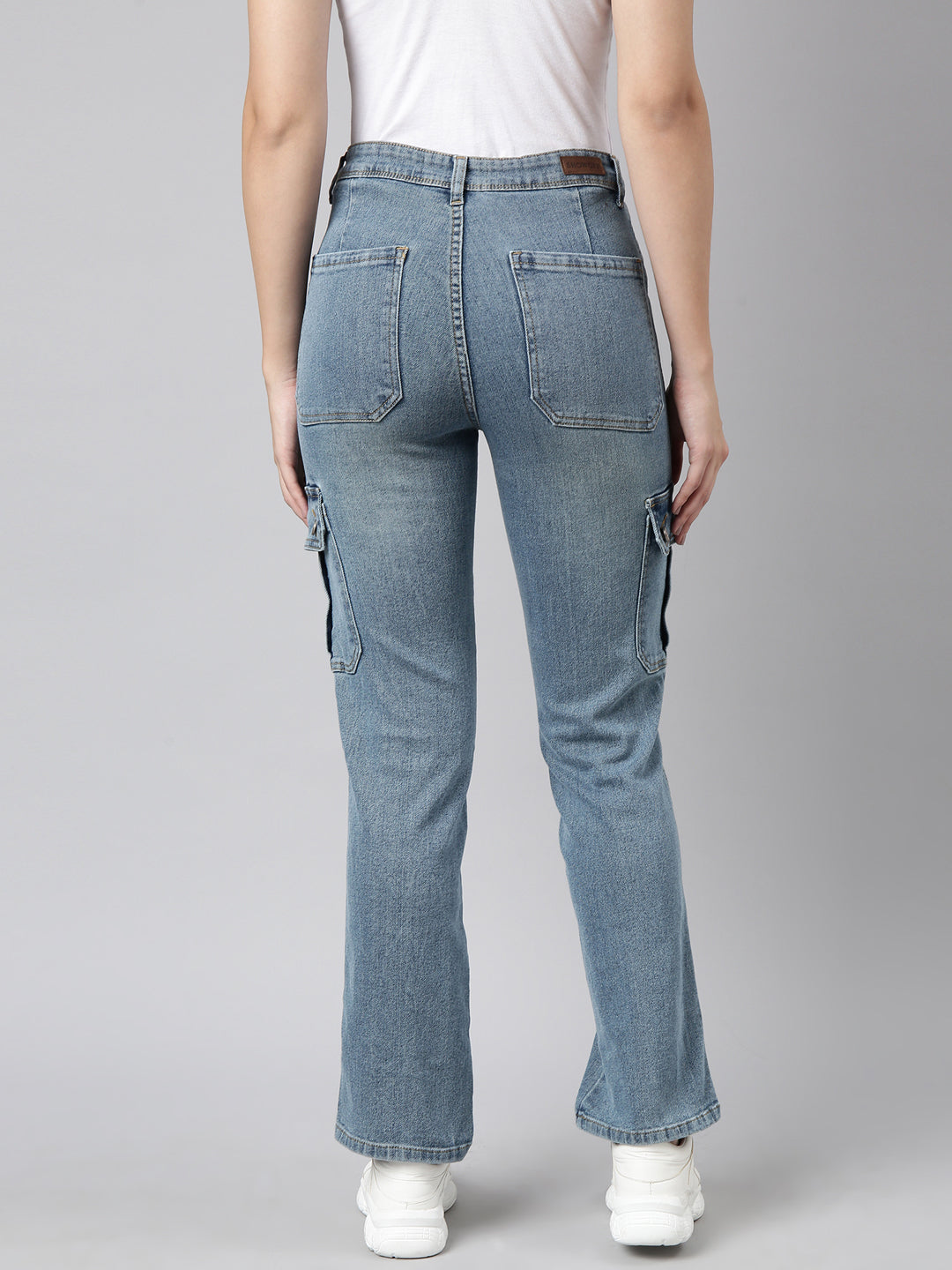 Women's Blue Straight Fit Light Fade Stretchable Denim Cargo Jeans