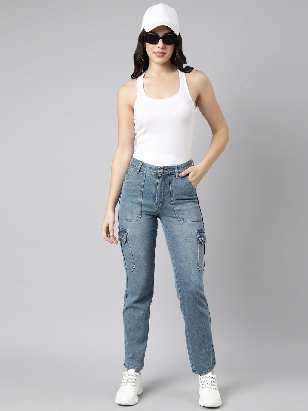 Women's Blue Straight Fit Light Fade Stretchable Denim Cargo Jeans