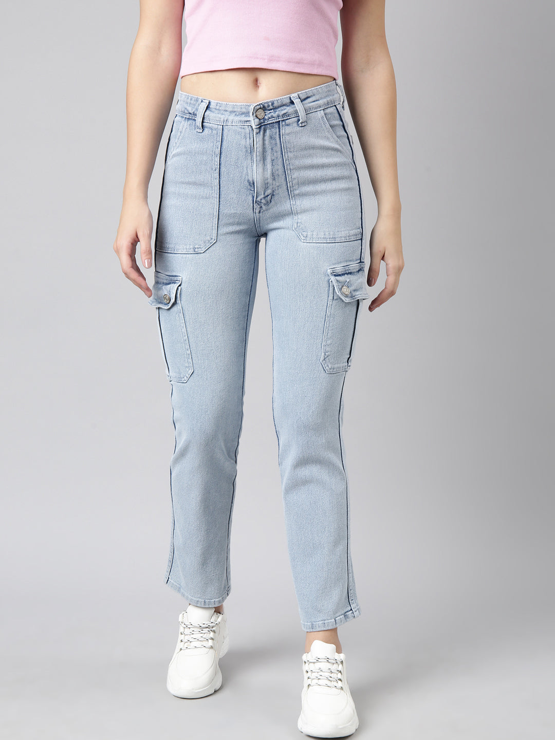 Women's Blue Straight Fit Light Fade Cargo Jeans