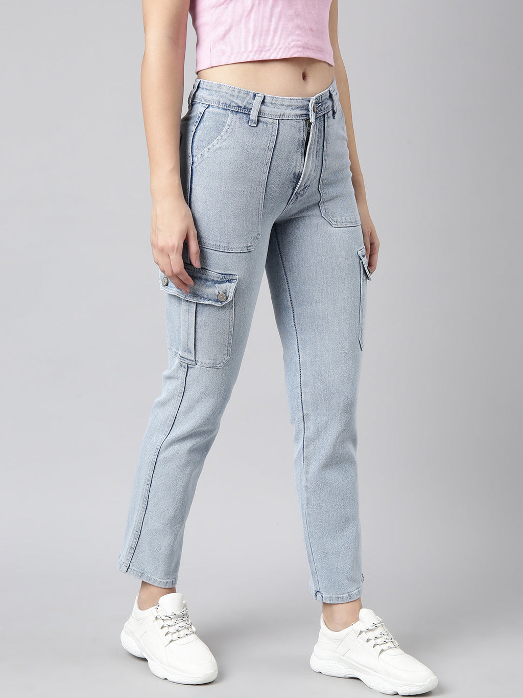 Women's Blue Straight Fit Light Fade Cargo Jeans
