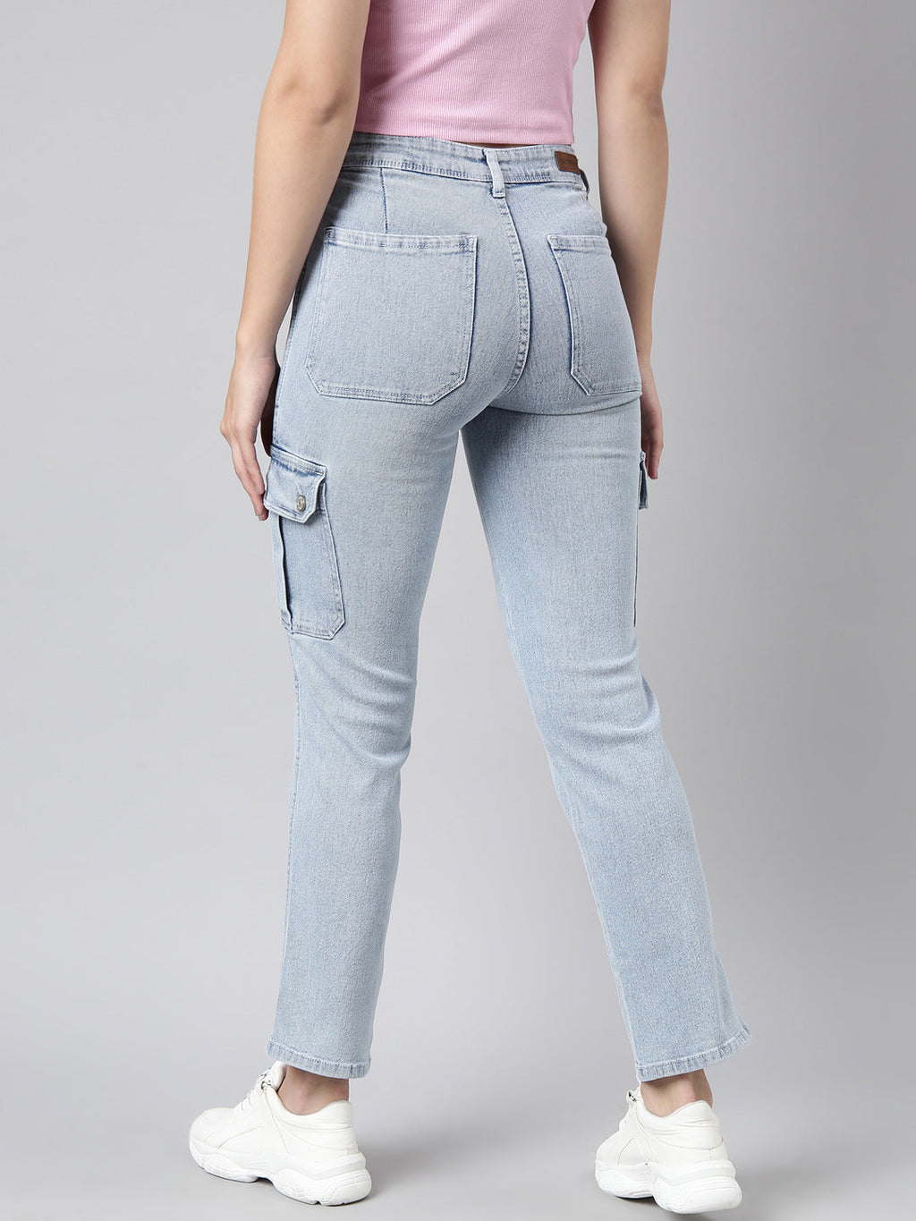 Women's Blue Straight Fit Light Fade Cargo Jeans