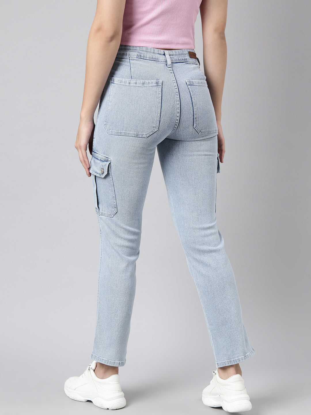 Women's Blue Straight Fit Light Fade Cargo Jeans