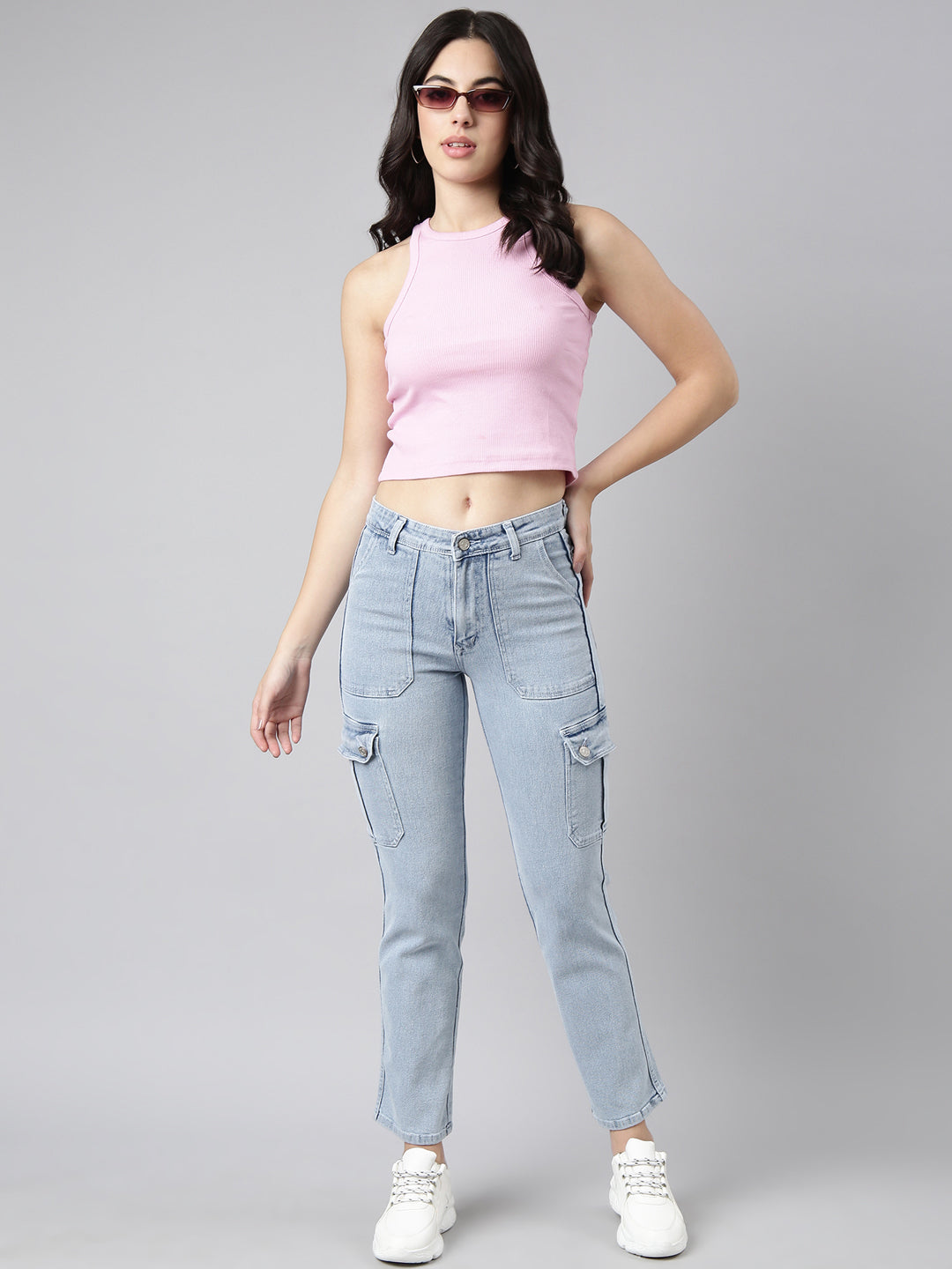 Women's Blue Straight Fit Light Fade Cargo Jeans
