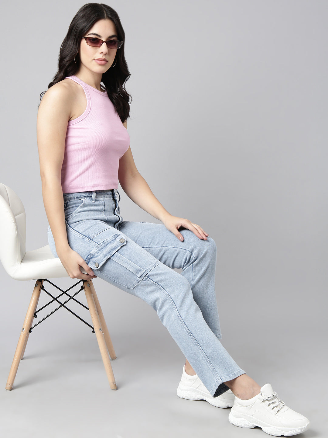 Women's Blue Straight Fit Light Fade Cargo Jeans