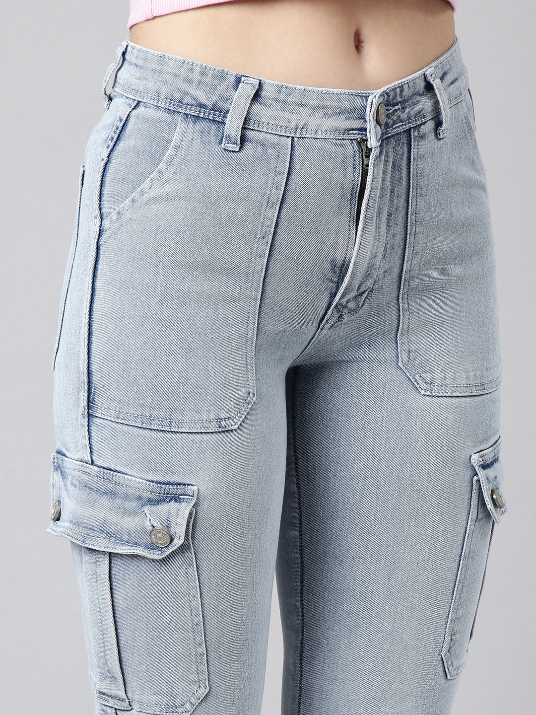 Women's Blue Straight Fit Light Fade Cargo Jeans