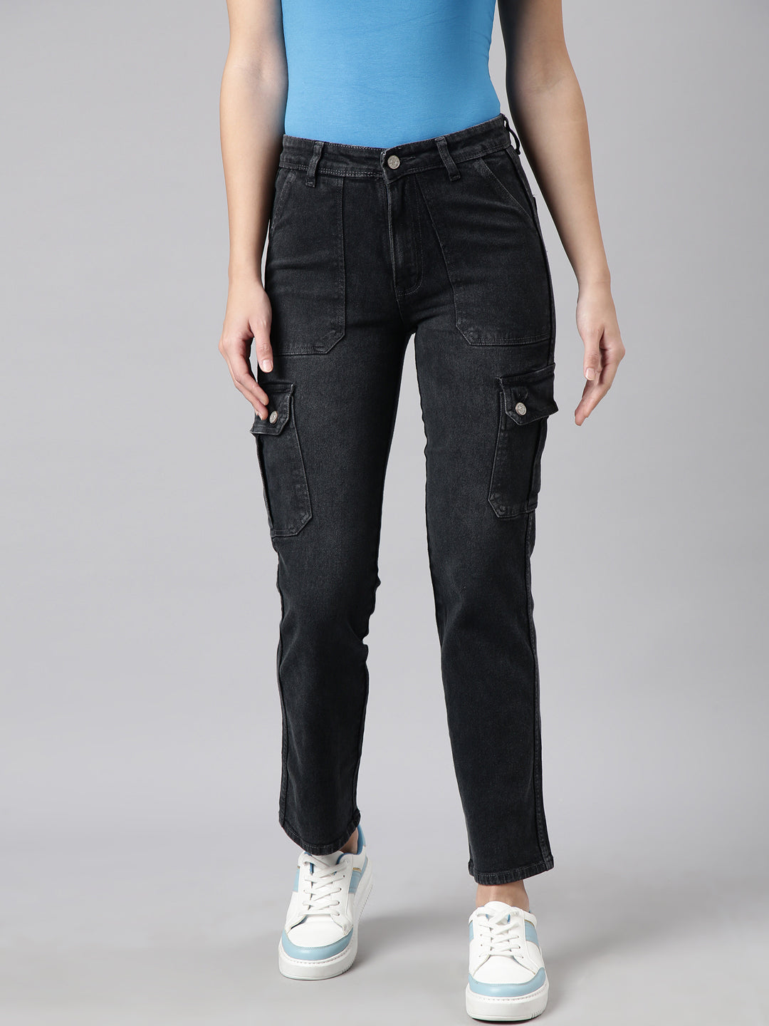 Women's Charcoal Straight Fit Light Fade Cargo Jeans