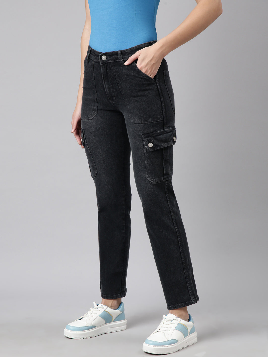 Women's Charcoal Straight Fit Light Fade Cargo Jeans