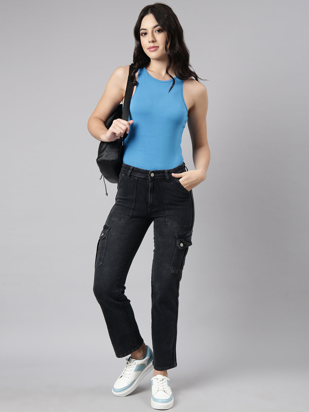 Women's Charcoal Straight Fit Light Fade Cargo Jeans