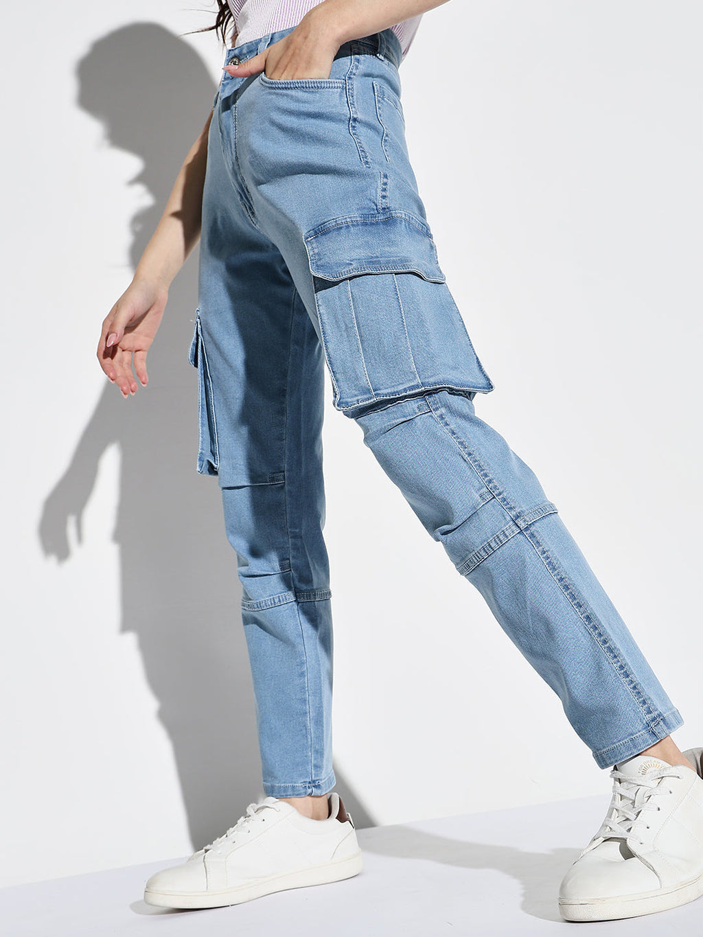 Women's Blue Comfort Straight Fit Light Fade Acid Wash Stretchable Cargo Jeans