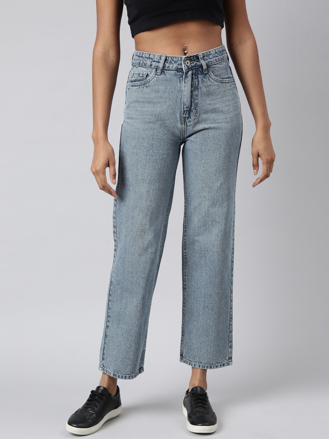 Women's Blue Straight Fit Heavy Fade Acid Wash Jeans